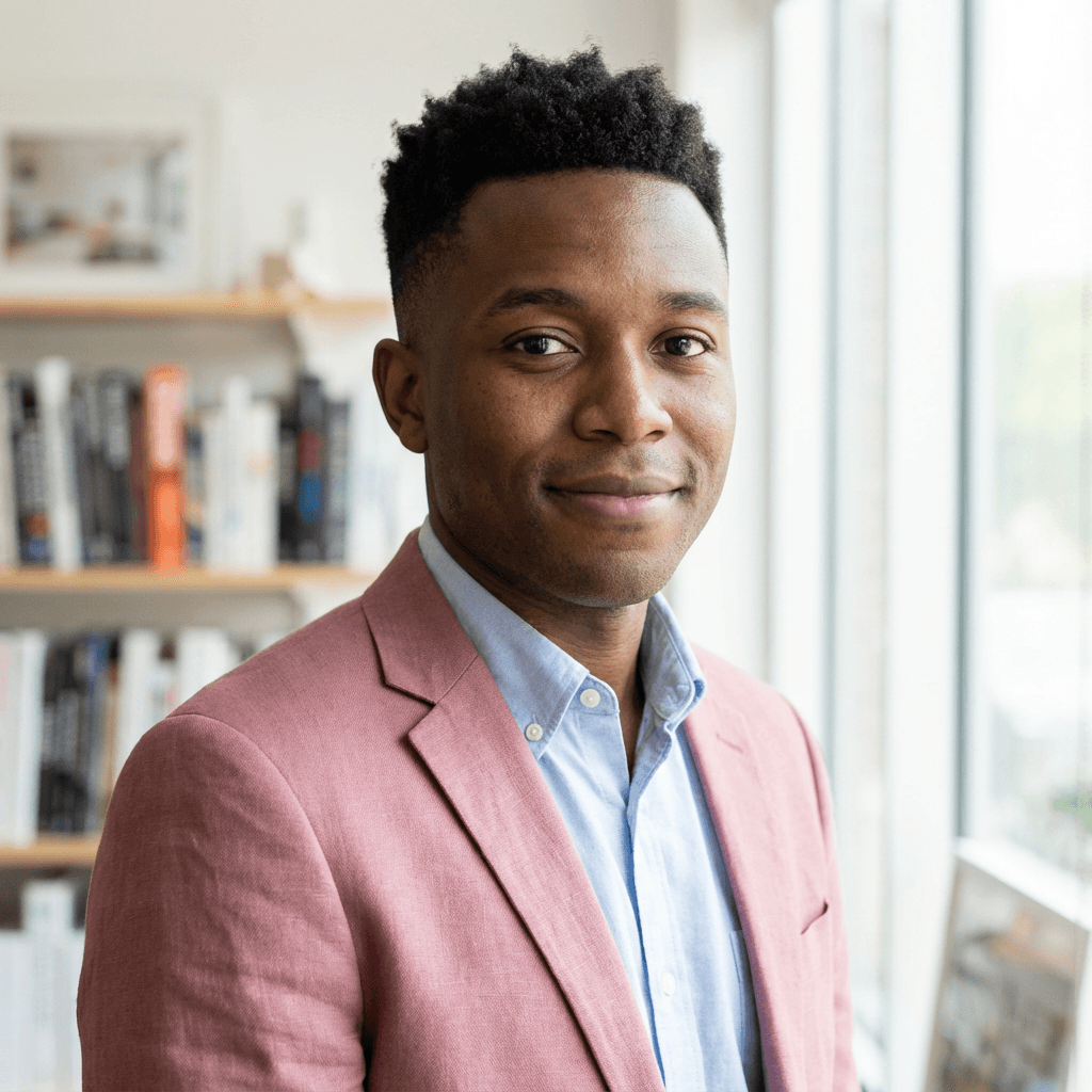 James Okafor in a suit in a modern office