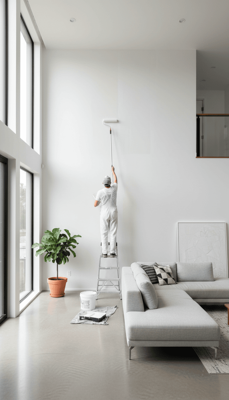 Painter rolling paint onto an interior wall in a bright Toronto home