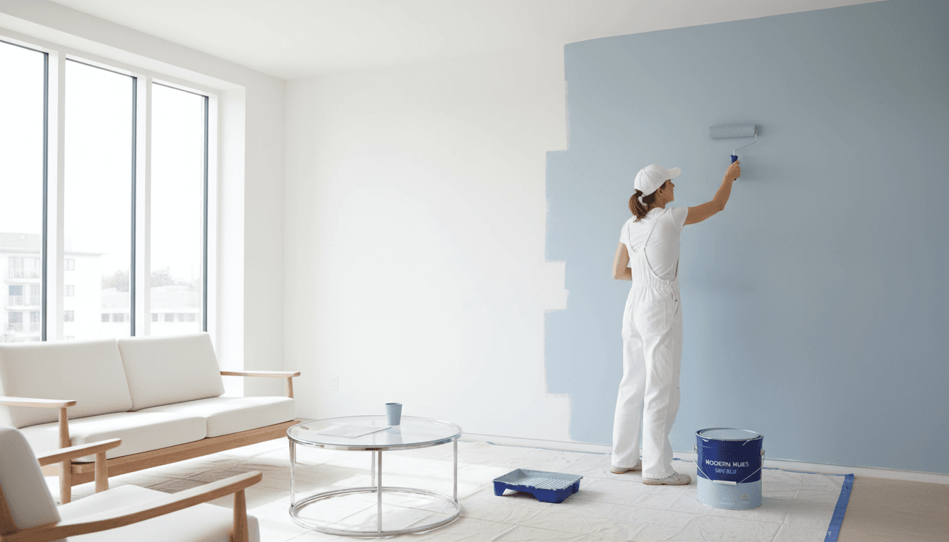 Professional painter rolling paint onto an interior wall