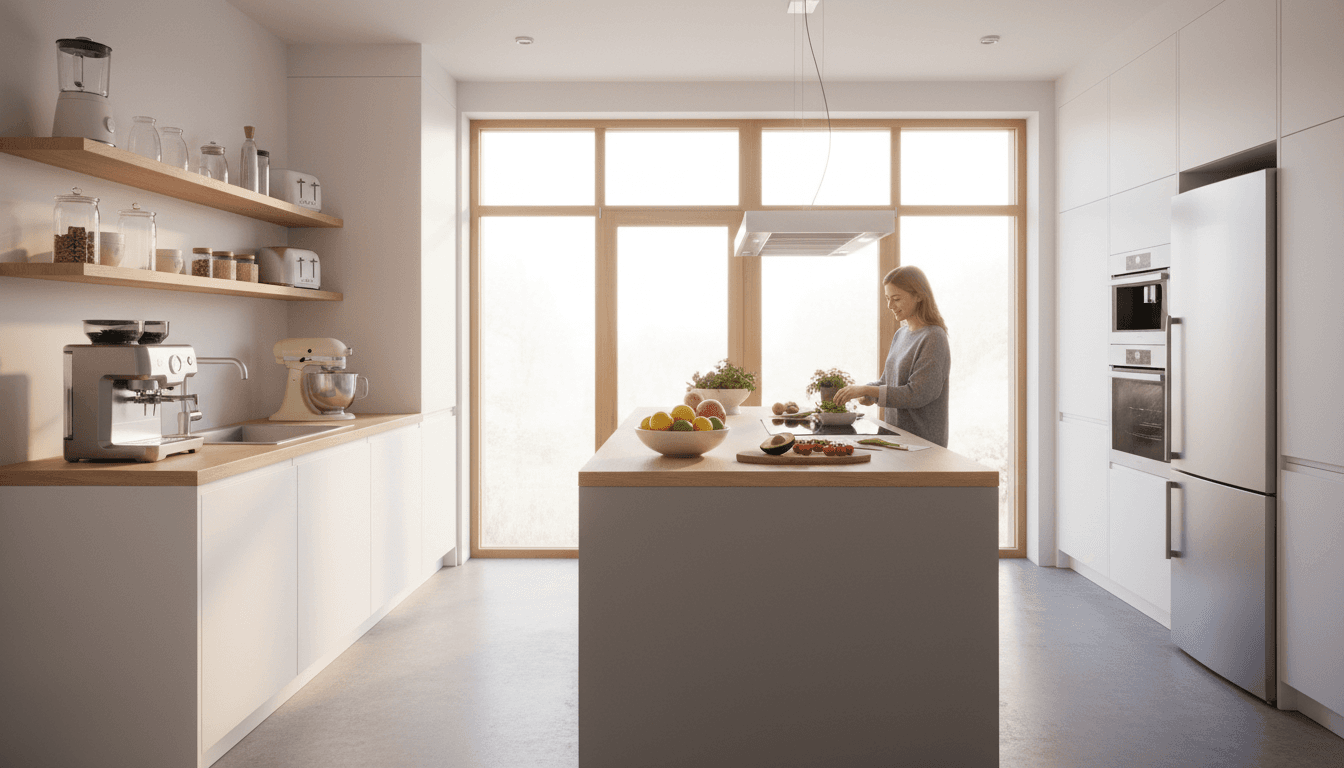 Refreshed kitchen with soft gray walls and natural daylight