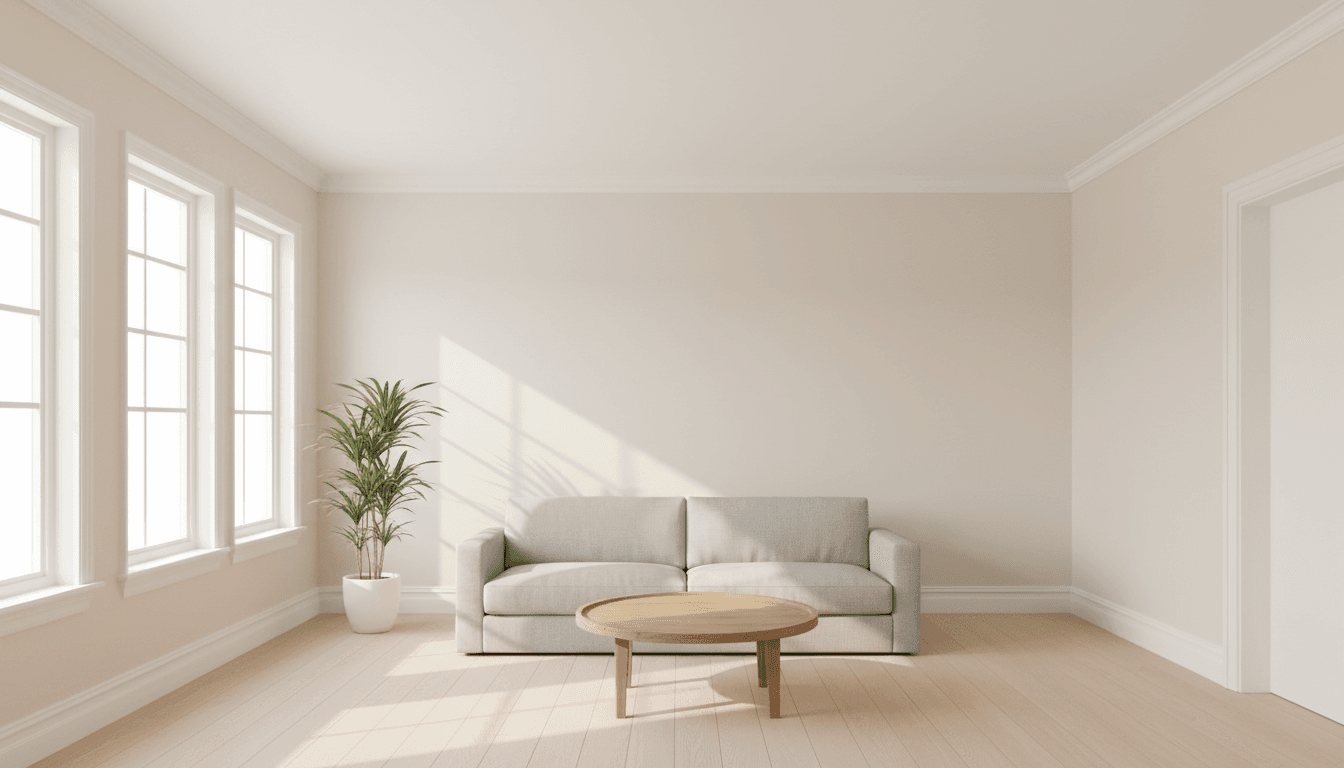 Living room with freshly painted warm neutral walls and crisp white trim