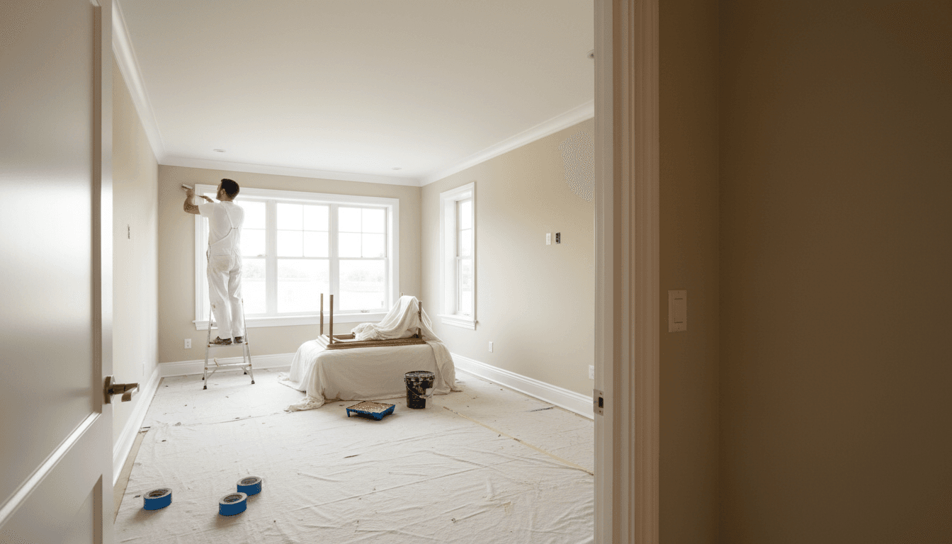 Bedroom with light blue walls and a freshly painted ceiling