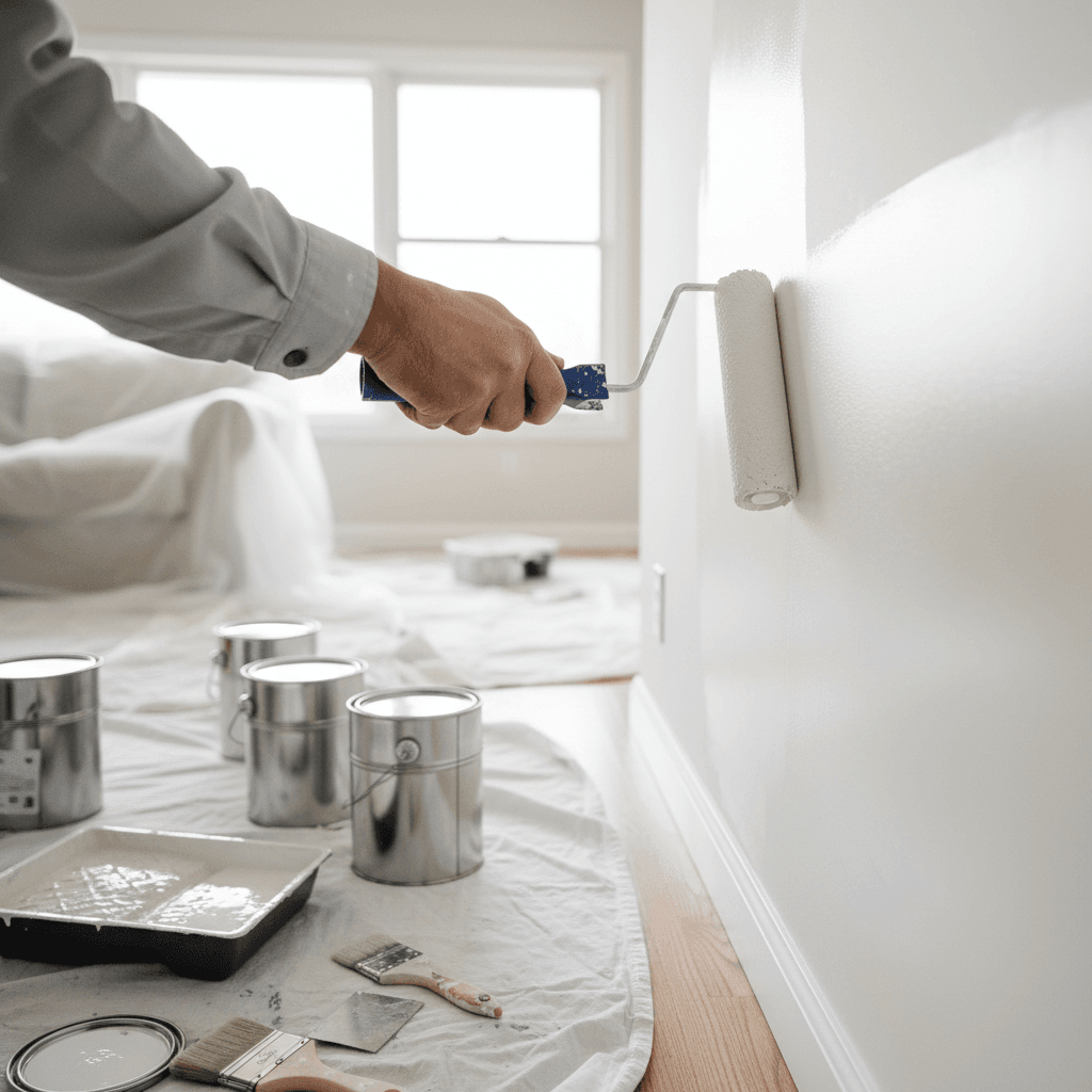 Painter applying an even coat of paint to an interior wall