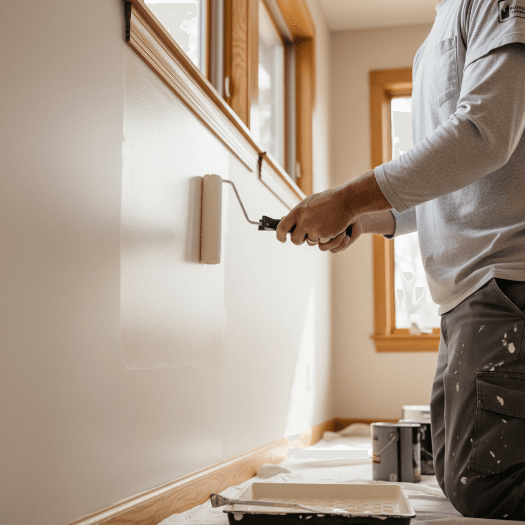 Professional painter applying paint to an interior wall in a bright room