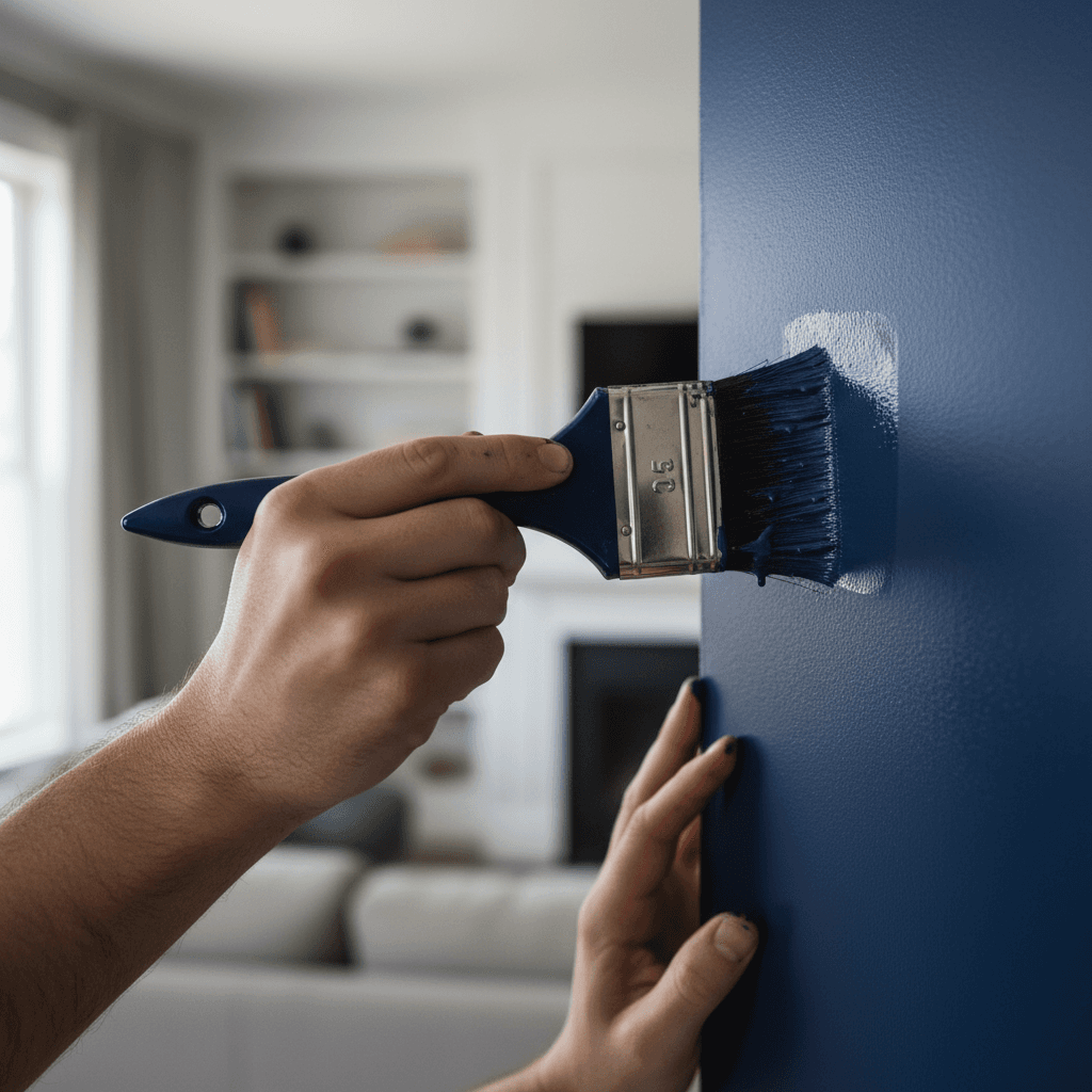 Front door painted deep navy with a smooth, clean finish